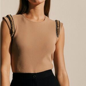 Alexander McQueen Sleeveless Beige Top with Beaded Shoulder Detail